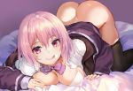  1girl 1girl 1girl :q aimee_(emi) all_fours ass big_breasts black_legwear bottomless bra breasts cleavage_cutout erect_nipples erect_nipples_under_clothes facial looking_at_viewer nipples pantyhose pantyhose_pull pink_eyes pink_hair revision shinjou_akane short_hair ssss.gridman tongue tongue_out top-down_bottom-up underwear white_bra white_underwear 