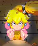 1boy 1girl blonde blonde_hair blue_eyes bowser breasts dress earrings fellatio female female_human human interspecies long_blonde_hair long_hair looking_at_viewer male male/female oral oral_sex partially_clothed penis_in_mouth pink_dress princess_peach royalty super_mario_bros. torn_dress