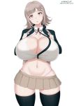  1girl big_breasts breasts chiaki_nanami cleavage hair_ornament huge_breasts kainkout medium_hair microskirt midriff nanami_chiaki navel open_mouth pink_eyes sexy sexy_breasts silver_hair skirt stockings thighs thong unbuttoned_shirt wide_hips zettai_ryouiki 