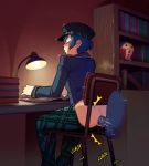 1girl 2017 anal atlus blue_hair blush book bookshelf chair creampie cum desk hair lamp noill penis persona_4 shirogane_naoto short_hair testicles