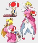 1boy 1girl blonde_hair blue_eyes crown dress horsecock large_penis maruzyrukun nintendo penis princess_peach sex stockings super_mario_bros. testicles toad_(mario)