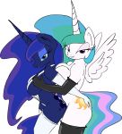  2014 2girls anthro ass breasts butt_grab clothing equine female/female friendship_is_magic furry grope hand_on_butt horn looking_at_viewer mammal my_little_pony princess_celestia princess_luna rubber side_boob simple_background swimsuit wedgie white_background winged_unicorn wings zev 