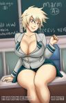 1girl arm_support big_breasts blonde_hair breast_suppress breasts classroom cleavage head_tilt legs looking_at_viewer miniskirt mitsuki_bakugo my_hero_academia red_eyes short_hair sitting sitting_on_desk skirt smile spiked_hair thick_thighs thighs wide_hips