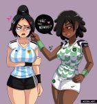 argentina argentina_shirt black_hair brown_eyes dark-skinned_female dark_skin fifa football hand_on_hip hips jersey nigeria nigeria_shirt nigerian short_shorts shorts soccer thick thick_thighs tongue tongue_out very_dark_skin wide_hips