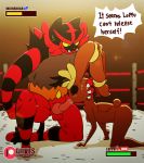  1boy 1girl 2018 all_fours anthro anthro_on_anthro black_sclera blush breasts diives duo english_text erection feline fellatio fighting_ring forced forced_oral furry gameplay_mechanics gif gui hand_on_head health_bar incineroar interspecies lagomorph lopunny male mammal nintendo nipples nude oral penetration penis pokemon pokemon_species rape saliva sex speech_bubble sweat testicle text video_game 