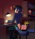 1girl 2017 anus ass atlus blue_hair blush book bookshelf chair creampie cum desk disembodied_arms hair lamp looking_back noill persona_4 shirogane_naoto short_hair torn_clothes