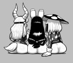 3_girls ass bottomless goggles horns komori_kinoko monochrome multiple_girls my_hero_academia noill sitting tail tsunotori_pony tsuyu_asui