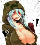 1girl aqua_hair at2. bangs big_breasts breasts bursting_breasts cleavage creeper fang gloves hood hoodie humanized large_breasts long_hair minecraft nipple_bulge open_mouth red_eyes simple_background torn_clothes