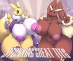  1girl 3_fingers 5_fingers abstract_background anthro big_breasts blush breast_squish breasts chest_tuft clothing crossover digimon duo english_text fingerless_gloves fur furry gloves group huge_breasts lactating looking_at_viewer lopunny megustalikey milk multicolored_skin nintendo nipple_rubbing pok&eacute;mon pok&eacute;mon_(species) pussy renamon small_head sparkle text thick_thighs tuft two_tone_skin v video_games 