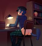 1girl 2017 anus ass atlus blue_hair blush book bookshelf chair creampie cum desk hair lamp looking_back noill penis persona_4 shirogane_naoto short_hair testicles