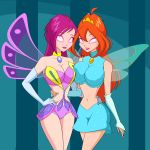  2_girls 2girls bloom breasts clothed duo female female_only gloves glowing_eyes jimryu jimryu_(artist) light_blue_skirt long_blonde_hair long_gloves long_hair long_red_hair red_hair redhead revealing_clothes short_shorts shorts skirt standing tecna wings winx_club 