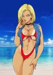 android_18 anime anime_milf beach big_breasts bikini blonde_hair blue_eyes dragon_ball dragon_ball_z jacket jean_jacket lazuli_(dragon_ball_z) razuri_(dragon_ball_z) red_bikini red_swimsuit short_hair swimsuit tan_line tanned_skin