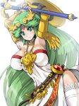 1girl 1girl beautiful big_breasts boris_(noborhys) breasts cleavage exhibitionism fuckable green_hair hot insanely_hot jewelry kid_icarus kid_icarus_uprising long_hair looking_at_viewer lots_of_jewelry milf nintendo no_bra no_panties palutena sexy shield single_thighhigh smile staff stockings tiara very_long_hair