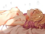  1girl 1girl 1girl 4:3_aspect_ratio ayase_eli bed_sheet big_breasts blonde blush breasts closed_eyes completely_nude erect_nipples hand_on_own_shoulder implied_sex long_hair love_live!_(series) love_live!_school_idol_project lying mogu_(au1127) navel nipples nude open_mouth perky_breasts pillow simple_background small_breasts upper_body white_background 