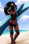 aria_blaze ass ass_crack beach bikini black_girl black_hair brown_eyes browned clouds dark-skinned_female dark_skin ebony equestria_girls hand_on_ass looking_at_viewer looking_back my_little_pony my_little_pony_friendship_is_magic ocean sand surfboard thighs twin_tails very_dark_skin