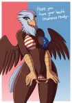  1girl 2018 absurd_res american_flag_bikini anthro avian bald_eagle beak bikini bird breasts brown_feathers clothing dialogue digital_media_(artwork) drako1997 eagle english_text eyelashes feathered_wings feathers furry healthcare_eagle high_res looking_at_viewer navel nipple_bulge non-mammal_breasts pussy stars_and_stripes swimsuit text tongue tongue_out united_states_of_america white_feathers wings yellow_beak yellow_eyes 