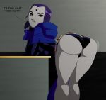 1girl ass big_ass dat_ass dc dc_comics female_only grey_skin huge_ass presenting presenting_ass purple_hair raven_(dc) ravenravenraven shaking_ass table teen_titans text thighs