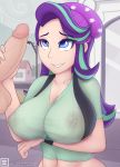 1girl backpack big_breasts biting_lip breasts burstfire equestria_girls hat humanized large_breasts lip_biting multicolored_hair my_little_pony nipples penis public_sex see-through shirt starlight_glimmer testicles