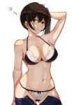 1_girl 1girl bra breasts female female_only kaga_(kantai_collection) kantai_collection looking_at_viewer mostly_nude panties solo standing unzipped white_background