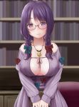 1girl bangs bare_shoulders big_breasts bookshelf bow braid breasts cleavage cleavage_cutout crescent_moon glasses holding_object jewelry kozue_akari library long_hair looking_at_viewer megane patchouli_knowledge purple_eyes purple_hair smile touhou twin_braids