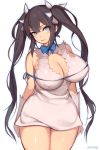 1girl bare_shoulders black_hair blue_eyes blush breasts cleavage cleavage_cutout dress dungeon_ni_deai_wo_motomeru_no_wa_machigatteiru_darou_ka erect_nipples gloves hair_ornament hair_ribbon head_tilt hestia_(danmachi) huge_breasts long_hair looking_at_viewer mukka open_mouth rei_no_himo ribbon simple_background smile thighs twin_tails white_background white_dress