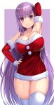 1girl arms_up bangs bare_shoulders big_breasts blush breasts christmas cleavage detached_sleeves dress fate/grand_order fate_(series) fur_trim hair_between_eyes hair_ribbon hand_on_hip head_tilt large_breasts legs long_hair looking_at_viewer purple_eyes purple_hair red_dress santa_costume skindentation smile strapless_dress thighhighs thighs type-moon very_long_hair zettai_ryouiki