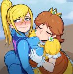 2_girls afrobull areola big_breasts blonde_hair blush bodysuit breast_sucking breasts female_only metroid nipples princess_daisy samus_aran super_mario_bros. yuri zero_suit zero_suit_samus