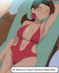 1girl :d ahoge arm_at_side arm_behind_head arm_up armpits bangs big_breasts blush breasts breasts_apart brown_hair cameltoe casual_one-piece_swimsuit center_opening chair closed_eyes cowboy_shot day delia_ketchum dutch_angle english_text erect_nipples error female female_only flipped_hair from_above groin hair_ornament hair_scrunchie halterneck hanako_(pokemon) hips large_breasts leaning_back legs_together long_hair lounge_chair low_ponytail lying makino_tomoyasu mature milf navel navel_cutout on_back one-piece_swimsuit open_mouth outdoors parted_lips pokemon pokemon_(anime) pokemon_sm_(anime) ponytail red_swimsuit scrunchie shade side_cutout sideboob sleeping smile solo sweat swimsuit table thighs tile_floor tiles towel wet