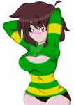 1_female 1_girl 1girl 2010s 2016 chara chara_(undertale) cleavage deviantart edit edited hands_behind_head ladymurderer007 looking_at_viewer mairusu-paua mairusu-paua_(artist) recolor recolored undertale undertale_(series) watermark white_background