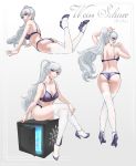  1_girl 1girl ass bra crossed_legs_(sitting) crossed_legs_(standing) female female_only high_heels long_hair lying mostly_nude multiple_views panties rwby see-through_bra silver_hair sinccubi sitting solo standing stockings weiss_schnee 