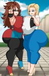 2_girls android_18 android_21 android_21_(human) big_ass blonde_hair blue_eyes brown_hair dragon_ball gigantic_breasts glasses hourglass_figure lazuli take_your_pick ultiblackfire vomi_(dragon_ball)