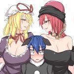 3girls animal_ears between_breasts big_breasts black_shirt blonde_hair blue_eyes blue_hair blush breast_smother breasts chains choker cleavage constricted_pupils doremy_sweet dress hat head_between_breasts hecatia_lapislazuli kuroba_rapid large_breasts mole mole_on_breast naughty_face off_shoulder purple_dress purple_eyes red_eyes red_hair short_hair simple_background sweat touhou yakumo_yukari