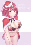 1girl bangs bare_shoulders big_breasts bikini bikini_bottom bikini_top blush breast_rest christmas cleavage earrings hair_ornament hat heroine large_breasts leaning_forward looking_at_viewer navel nintendo pyra red_eyes red_hair santa_costume santa_hat short_hair smile swimsuit xenoblade_(series) xenoblade_chronicles_2