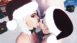 1boy 2girls 3d 3d_(artwork) angela_ziegler ashe ashe_(overwatch) bell_collar blonde_hair double_fellatio idemi-iam mercy_(overwatch) overwatch santa_claus santa_hat white_hair