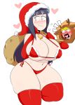  1boy 1girl bell bell_collar big_breasts bikini bikini_bottom bikini_top blonde_hair blue_hair blush breasts choker christmas cleavage curvy heart hinata_hyuuga huge_breasts jinu long_hair looking_away micro_bikini midriff naruto naruto_uzumaki navel red_bikini sack santa_costume santa_hat shocked swimsuit thighhighs 