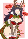 ass big_breasts blush bowtie bra breasts christmas cleavage elbow_gloves fire_emblem fire_emblem_awakening fur_trim hair_ornament half-closed_eyes hands_together holding_object jinu large_breasts leaning_forward long_hair looking_at_viewer navel open_mouth panties purple_eyes purple_hair reindeer_antlers santa_costume stockings teeth text tharja