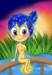  1girl 1girl blue_eyes blue_hair breast breasts disney inside_out joy_(inside_out) looking_at_viewer nude nude outside pixar smile yellow_skin 