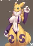 1girl 1girl 2019 3_fingers anthro areola big_breasts bikini black_sclera blue_eyes breasts chest_tuft clothing digimon digimon_(species) doomthewolf erect_nipples fur furry multicolored_fur nipples purple_fur renamon sling_bikini sweat sweatdrop swimsuit tuft white_fur yellow_fur