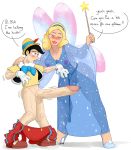  1boy 1girl blonde_hair blue_fairy breasts clothed disney dress english_text erection fairy giant_cock high_heels no_bra no_panties no_underwear penis pinocchio pinocchio_(character) see-through transparent_clothing wand wings 