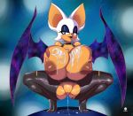  1girl 1girl 2019 abstract_background anthro bat bat_wings bedroom_eyes big_breasts big_nipples blue_eyes breasts brown_areola brown_nipples choker clothing crouching cum cum_on_breasts cum_writing excessive_pussy_juice exposed_breasts eyeshadow furry glitter half-closed_eyes himawari holding_breast holidays huge_breasts leggings legwear lipstick looking_at_viewer makeup mammal membranous_wings new_year nipples pants pussy_juice_on_ground rouge_the_bat seductive sega shirt smile tank_top torn_clothing torn_pants wings 