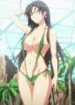  1girl bangs big_breasts bikini black_hair breasts cleavage earrings erect_nipples glasses green_eyes hand_on_head hasegawa_chisato large_breasts long_hair megane navel outside revealing_clothes shinmai_maou_no_testament skindentation sling_bikini swimsuit thighs wide_hips 