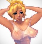  1girl blizzard_entertainment blonde_hair blue_eyes breasts mercy_(overwatch) nipples overwatch robert_porter see-through tank_top 