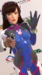 1girl 3d animated areola blizzard_entertainment body_writing bouncing_breasts d.va d.va_(overwatch) exhibitionism facial_mark female_focus female_pubic_hair flashing headphones looking_at_viewer lvl3toaster nipples no_bra no_panties overwatch presenting_breasts pubic_hair realistic small_breasts solo text torn_bodysuit torn_clothes uncensored webm