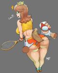 1girl 2019 ass brunette crown disembodied_hand disembodied_penis looking_back maruzyrukun mushroom nintendo penis princess_daisy short_shorts super_mario_bros. tennis_racket testicles