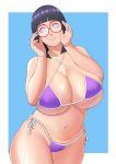 1girl bangs bare_shoulders big_breasts bikini bikini_bottom bikini_top black_hair breasts cleavage glasses hinata_hyuuga large_breasts lavender_eyes looking_at_viewer naruto navel plump short_hair smile swimsuit thighs zeros