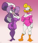 1girl 2013 anthro avian big_breasts bird breasts cleavage clothed clothing dress duck duo fifi_la_fume furry hair_bow hair_ribbon mammal mephitid ribbons shirley_the_loon skunk slb tiny_toon_adventures warner_brothers