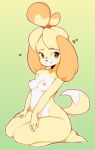 <3 1girl 1girl 2018 animal_crossing anthro blonde_hair breasts canine coffeechicken countershade_torso countershading dipstick_tail dog fur furry hair isabelle_(animal_crossing) kneel mammal multicolored_tail nintendo nipples nude shih_tzu simple_background smile video_games white_fur