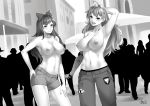 1girl 2_girls amputee areola big_breasts black_hair blake_belladonna blush bow breasts greyscale long_hair lulu-chan92 monochrome multiple_girls nipple_piercing nipples no_bra piercing prosthesis public rwby topless yang_xiao_long