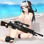 1:1_aspect_ratio beach big_breasts breasts gun kai_schulen looking_at_viewer nude santystuff sitting valkyria_chronicles weapon