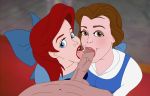 1boy 2girls beauty_and_the_beast blue_eyes brown_eyes brown_hair clothed crossover disney double_fellatio erection fellatio female_human looking_at_viewer male_human oral penis pov princess_ariel princess_belle red_hair redhead show_accurate the_little_mermaid threesome